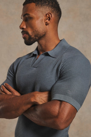 Textured Knitted Open Collar Polo Shirt in Dark Graphite