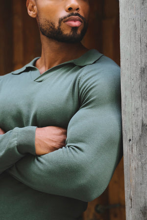 Pure Cotton Knitted Open Collar Polo Shirt in Moss Green