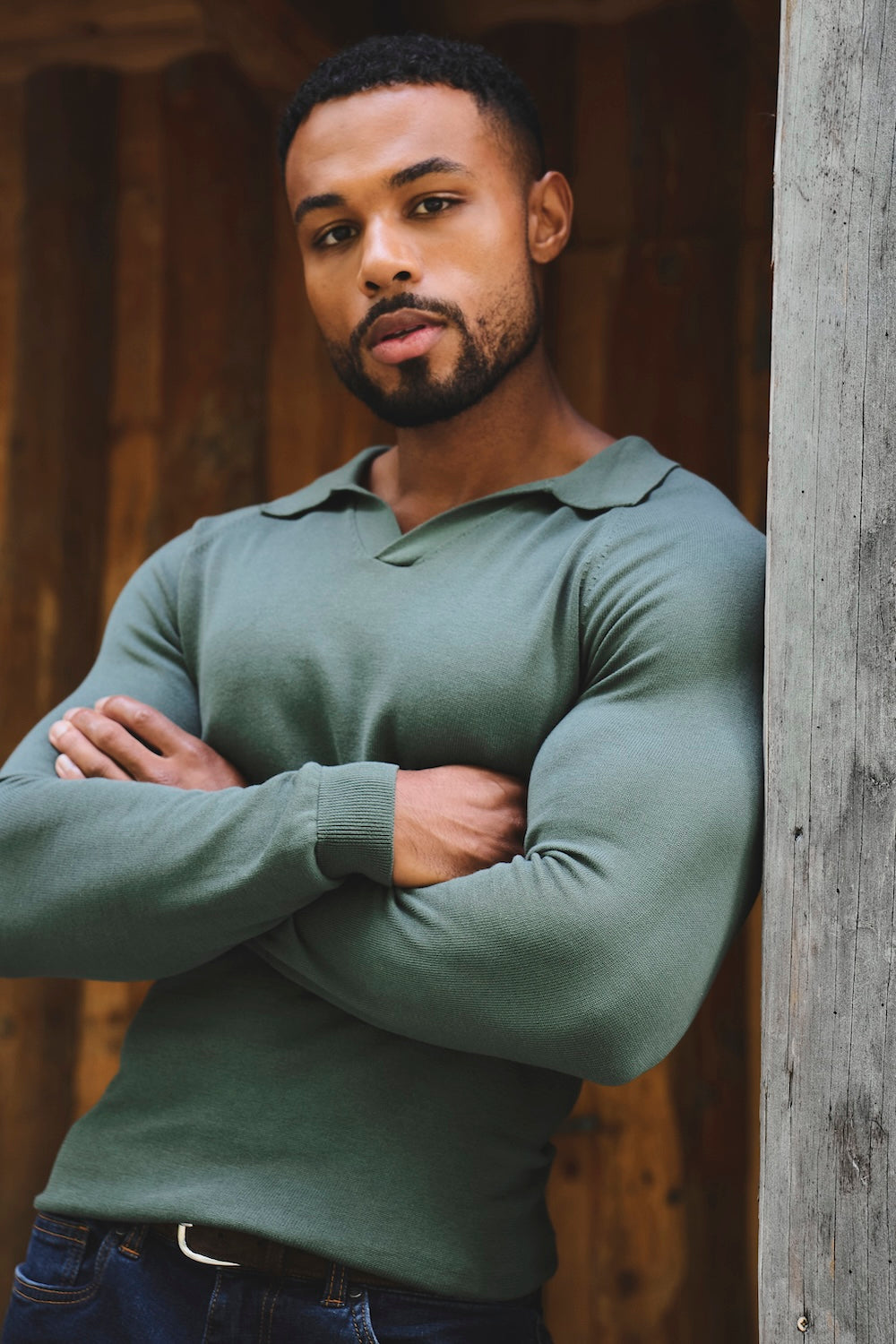 Pure Cotton Knitted Open Collar Polo Shirt in Moss Green