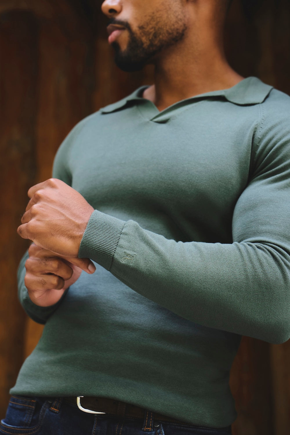 Pure Cotton Knitted Open Collar Polo Shirt in Moss Green