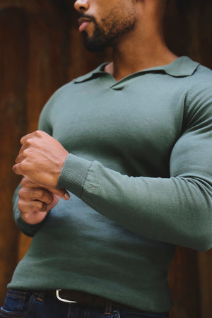 Pure Cotton Knitted Open Collar Polo Shirt in Moss Green