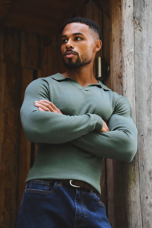 Pure Cotton Knitted Open Collar Polo Shirt in Moss Green