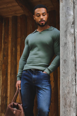 Pure Cotton Knitted Open Collar Polo Shirt in Moss Green