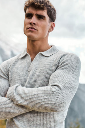 Fisherman Ribbed Open Collar Polo Shirt in Light Grey Marl