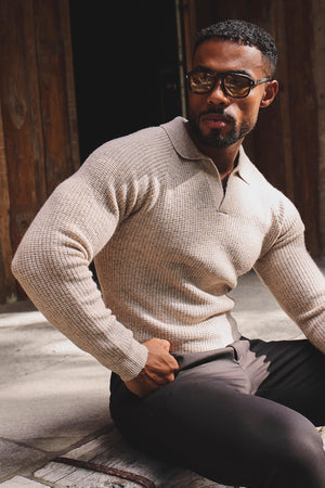 Fisherman Ribbed Open Collar Polo Shirt in Neutral Marl