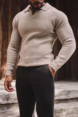 Fisherman Ribbed Open Collar Polo Shirt in Neutral Marl