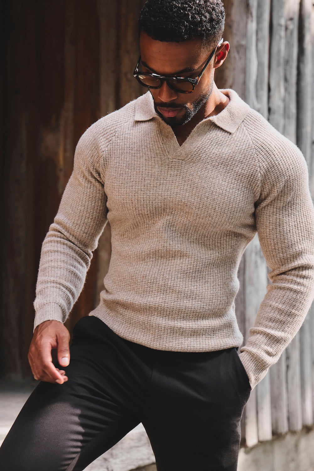 Fisherman Ribbed Open Collar Polo Shirt in Neutral Marl