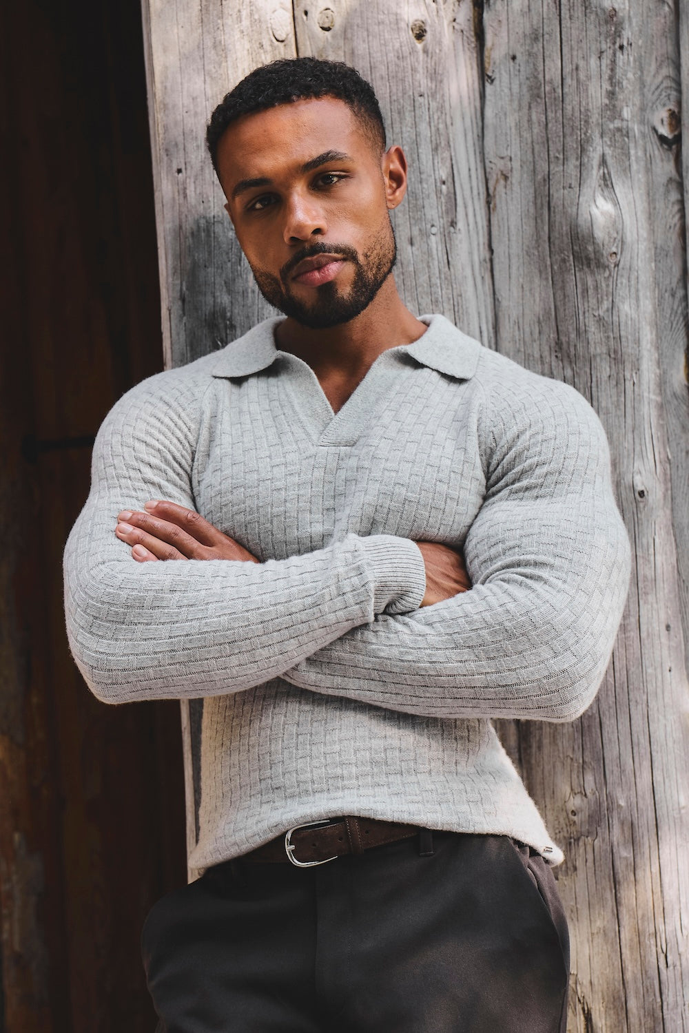 Merino Wool Textured Open Collar Polo Shirt in Soft Grey