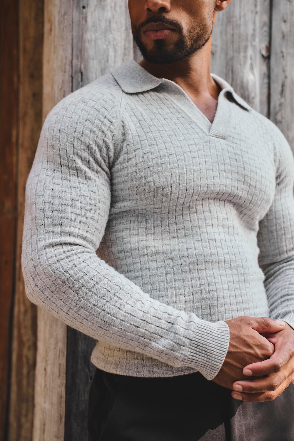 Merino Wool Textured Open Collar Polo Shirt in Soft Grey