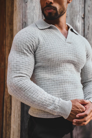 Merino Wool Textured Open Collar Polo Shirt in Soft Grey