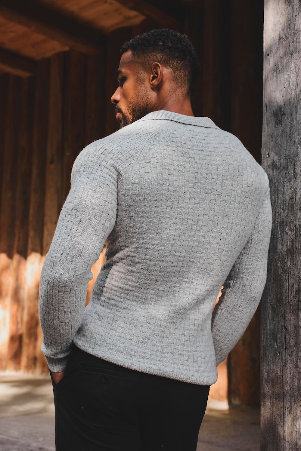 Merino Wool Textured Open Collar Polo Shirt in Soft Grey