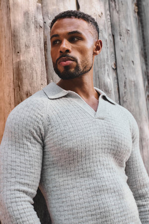 Merino Wool Textured Open Collar Polo Shirt in Soft Grey
