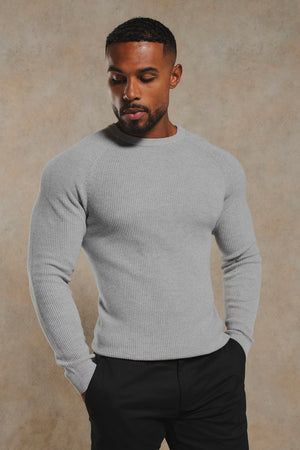 Pure Cotton Knitted Textured Crew Neck Jumper in Soft Grey Marl