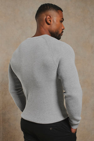 Pure Cotton Knitted Textured Crew Neck Jumper in Soft Grey Marl