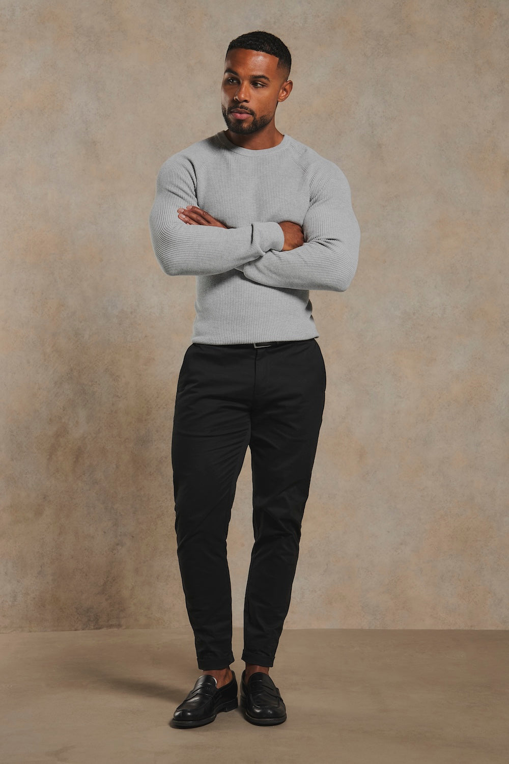 Pure Cotton Knitted Textured Crew Neck Jumper in Soft Grey Marl