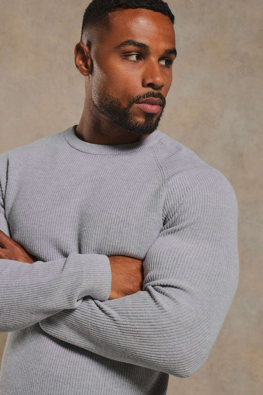 Pure Cotton Knitted Textured Crew Neck Jumper in Soft Grey Marl