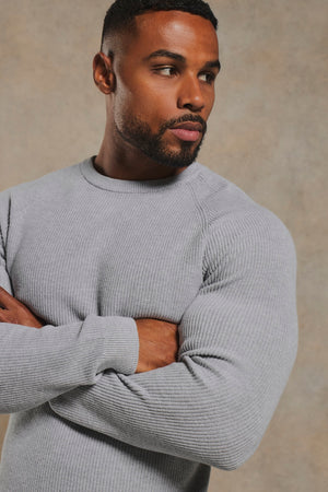 Pure Cotton Knitted Textured Crew Neck Jumper in Soft Grey Marl