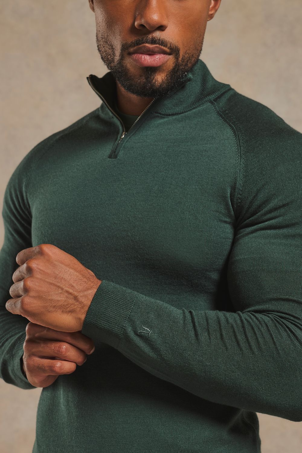 Extra Fine Merino Wool Half Zip Neck Jumper in Dark Green