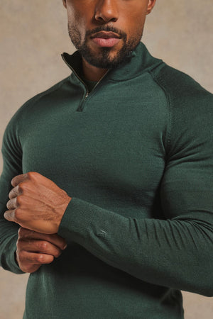 Extra Fine Merino Wool Half Zip Neck Jumper in Dark Green