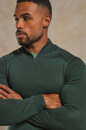 Extra Fine Merino Wool Half Zip Neck Jumper in Dark Green
