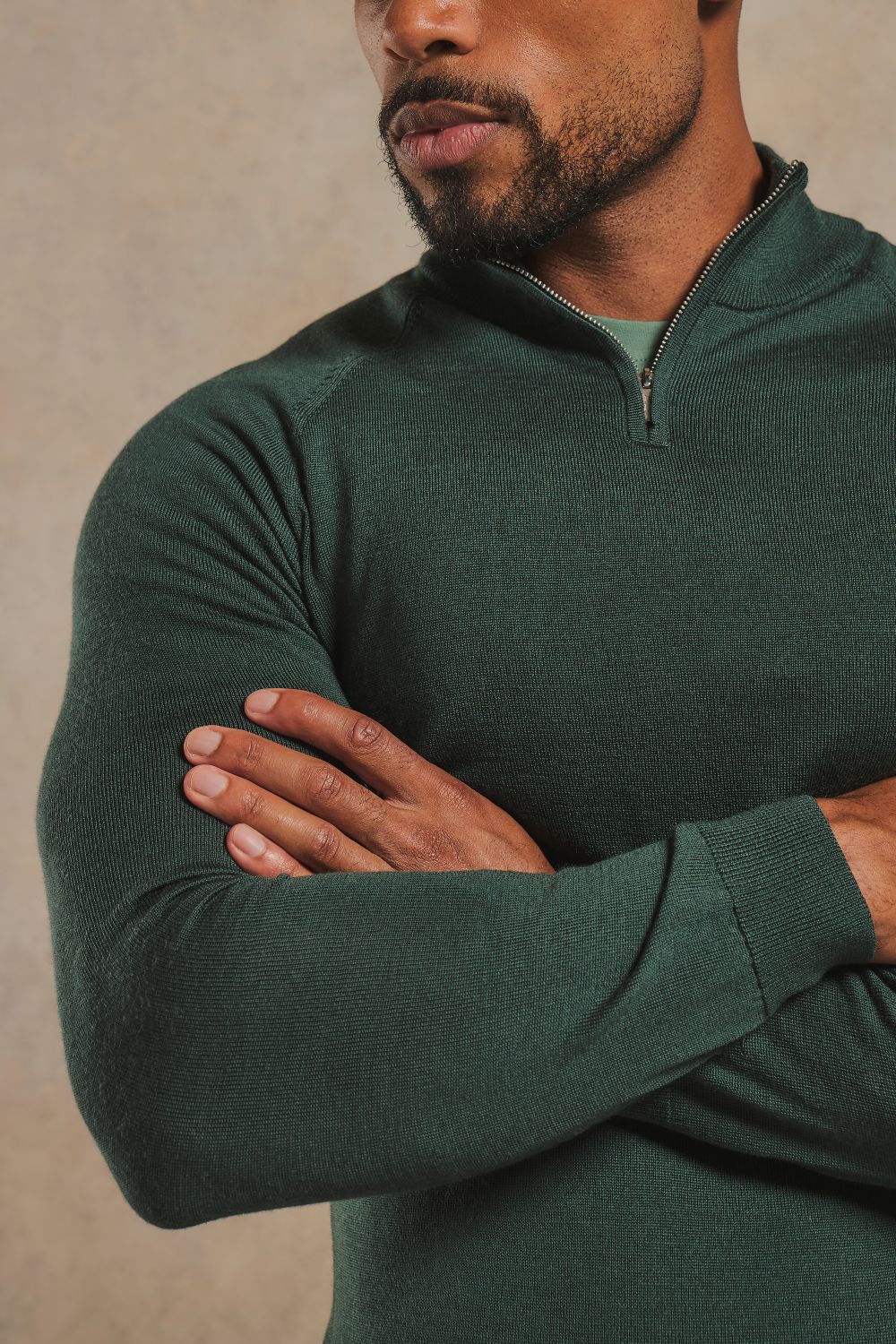 Extra Fine Merino Wool Half Zip Neck Jumper in Dark Green