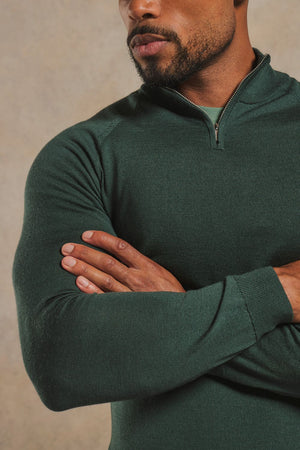 Extra Fine Merino Wool Half Zip Neck Jumper in Dark Green