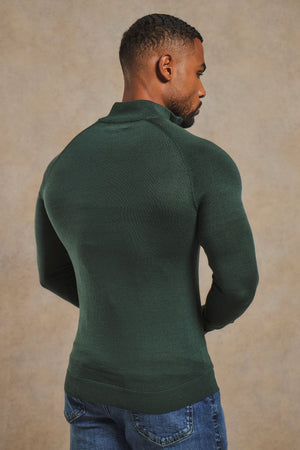 Extra Fine Merino Wool Half Zip Neck Jumper in Dark Green