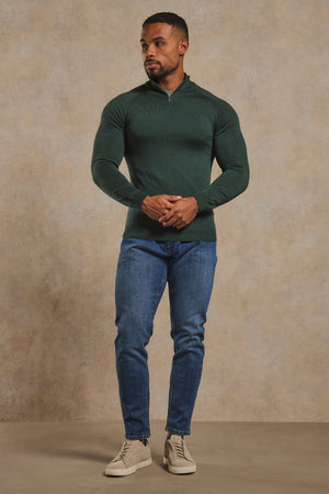 Extra Fine Merino Wool Half Zip Neck Jumper in Dark Green