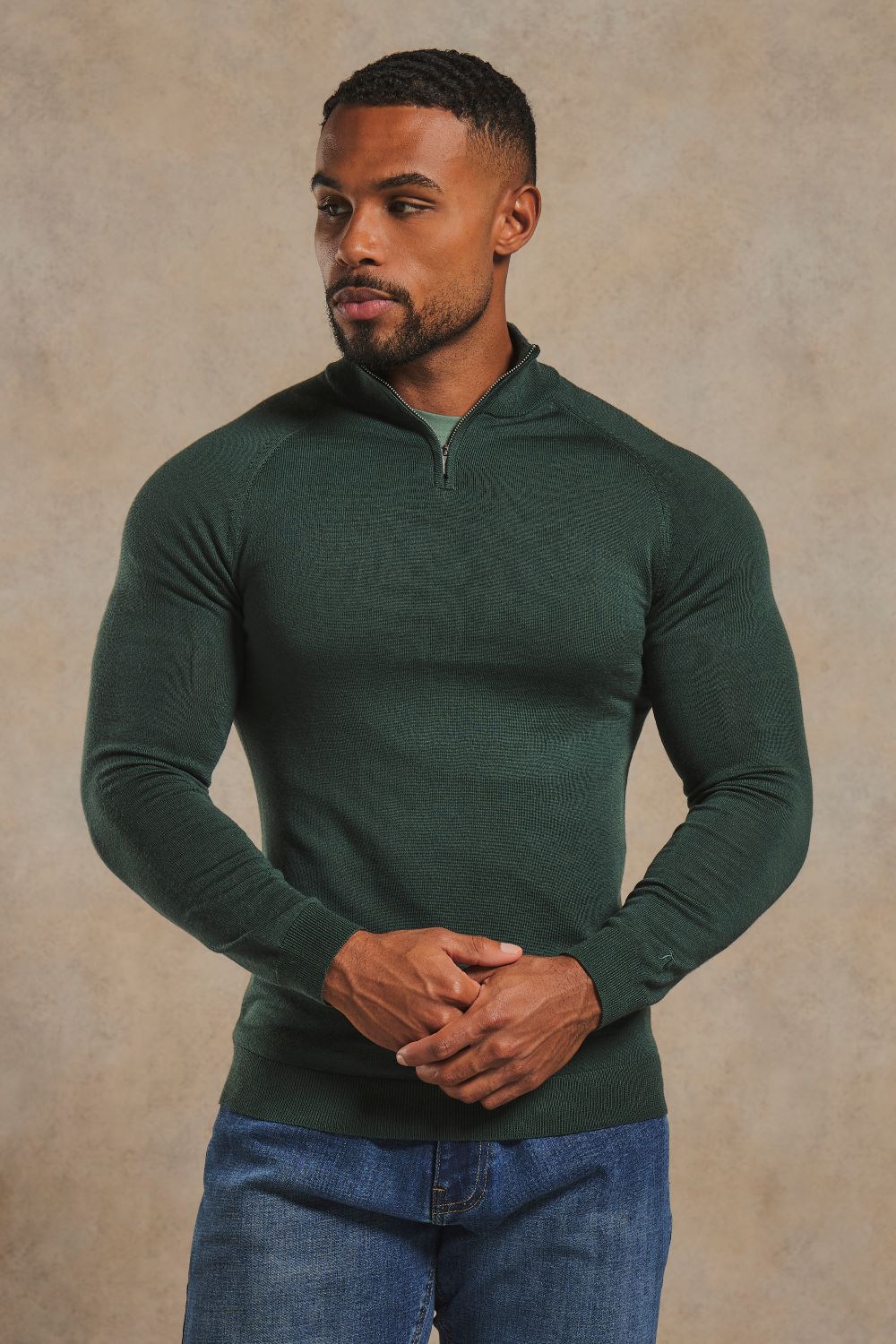 Extra Fine Merino Wool Half Zip Neck Jumper in Dark Green