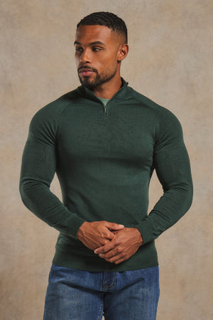 Extra Fine Merino Wool Half Zip Neck Jumper in Dark Green