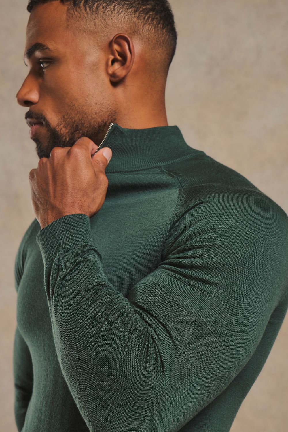 Extra Fine Merino Wool Half Zip Neck Jumper in Dark Green