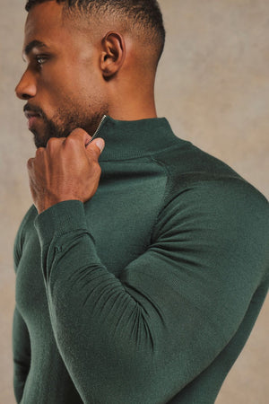 Extra Fine Merino Wool Half Zip Neck Jumper in Dark Green