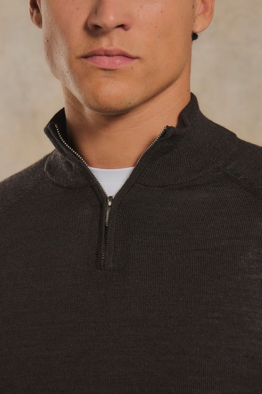 Extra Fine Merino Wool Half Zip Neck Jumper in Bitter Chocolate