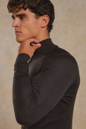 Extra Fine Merino Wool Half Zip Neck Jumper in Bitter Chocolate