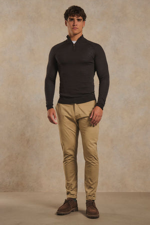 Extra Fine Merino Wool Half Zip Neck Jumper in Bitter Chocolate