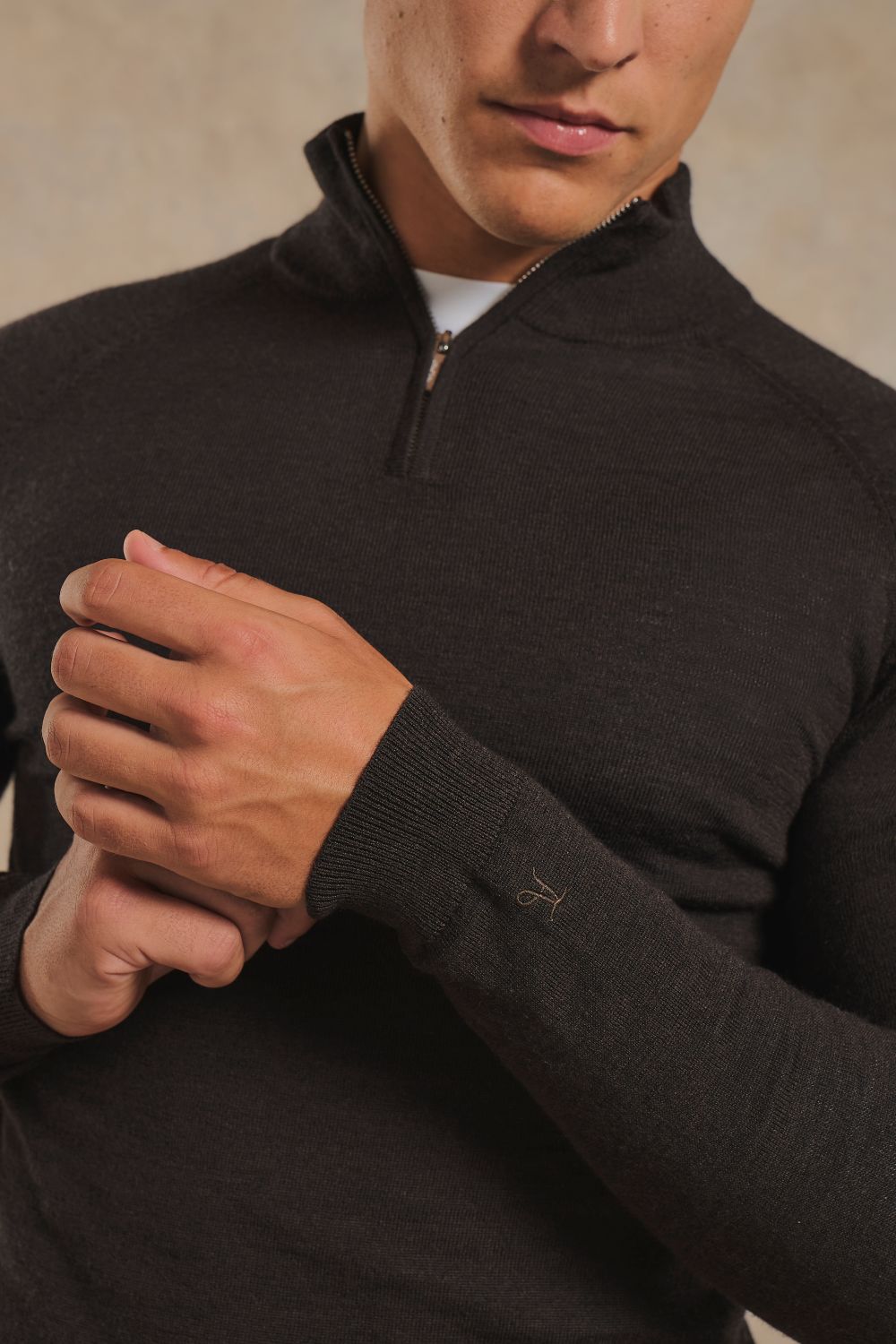 Extra Fine Merino Wool Half Zip Neck Jumper in Bitter Chocolate