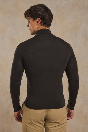 Extra Fine Merino Wool Half Zip Neck Jumper in Bitter Chocolate