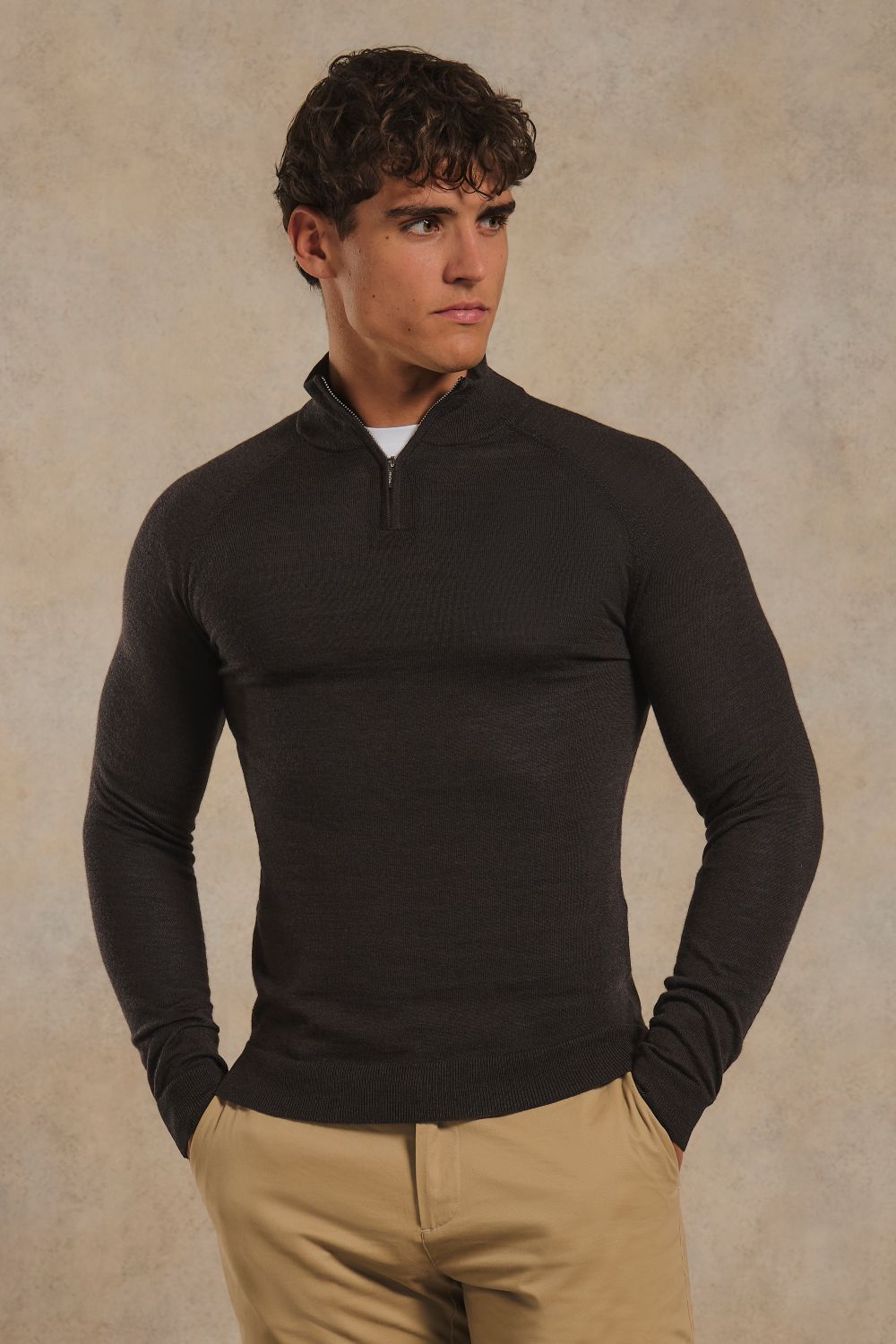 Extra Fine Merino Wool Half Zip Neck Jumper in Bitter Chocolate