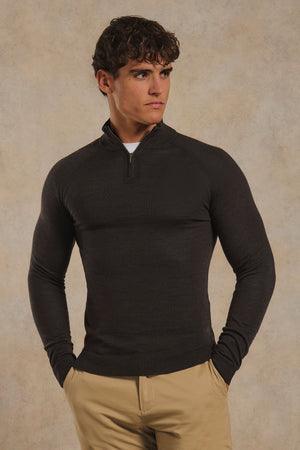 Extra Fine Merino Wool Half Zip Neck Jumper in Bitter Chocolate
