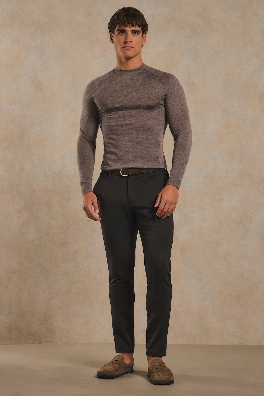 Extra Fine Merino Wool Crew Neck Jumper in Mocha Marl