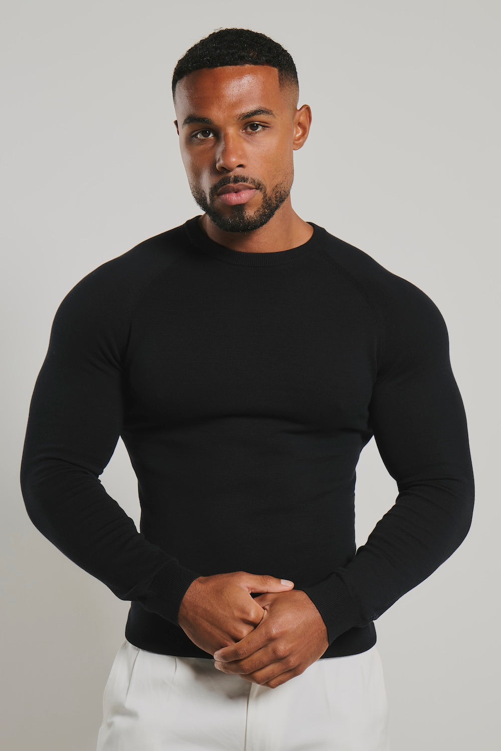 Pure Cotton Knitted Crew Neck Jumper in Black