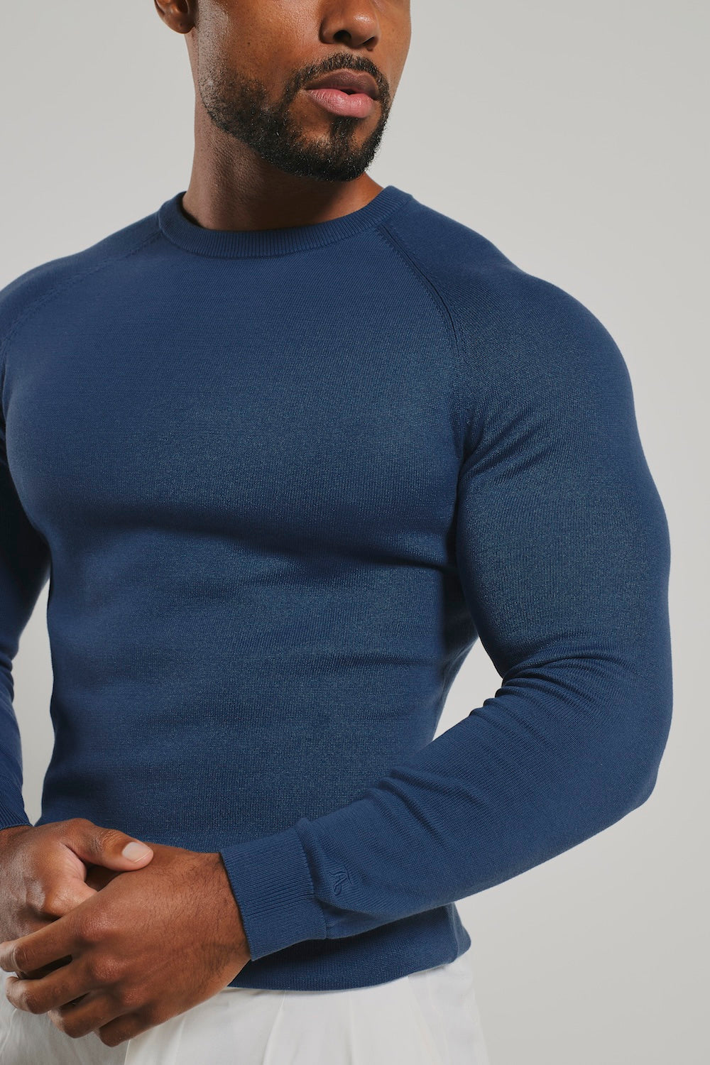 Pure Cotton Knitted Crew Neck Jumper in Airforce