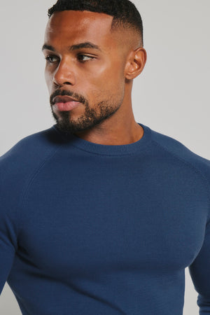 Pure Cotton Knitted Crew Neck Jumper in Airforce