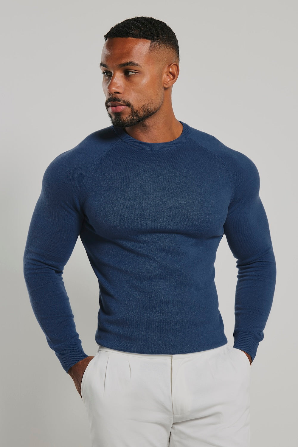 Pure Cotton Knitted Crew Neck Jumper in Airforce