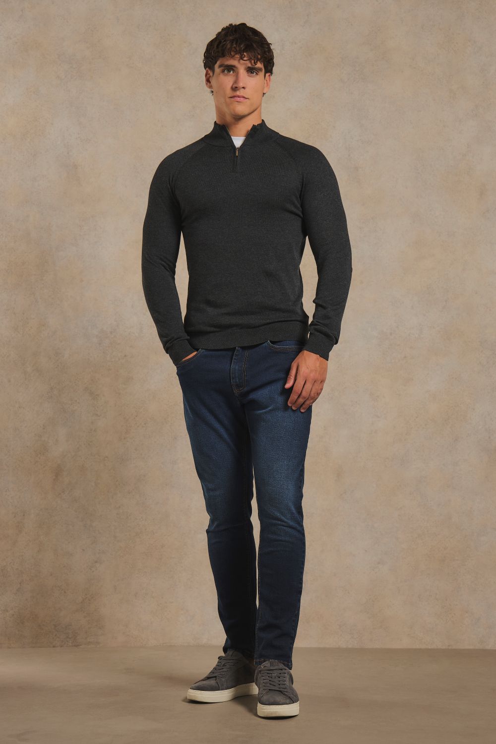 Pure Cotton Knitted Half Zip Neck Jumper in Anthracite