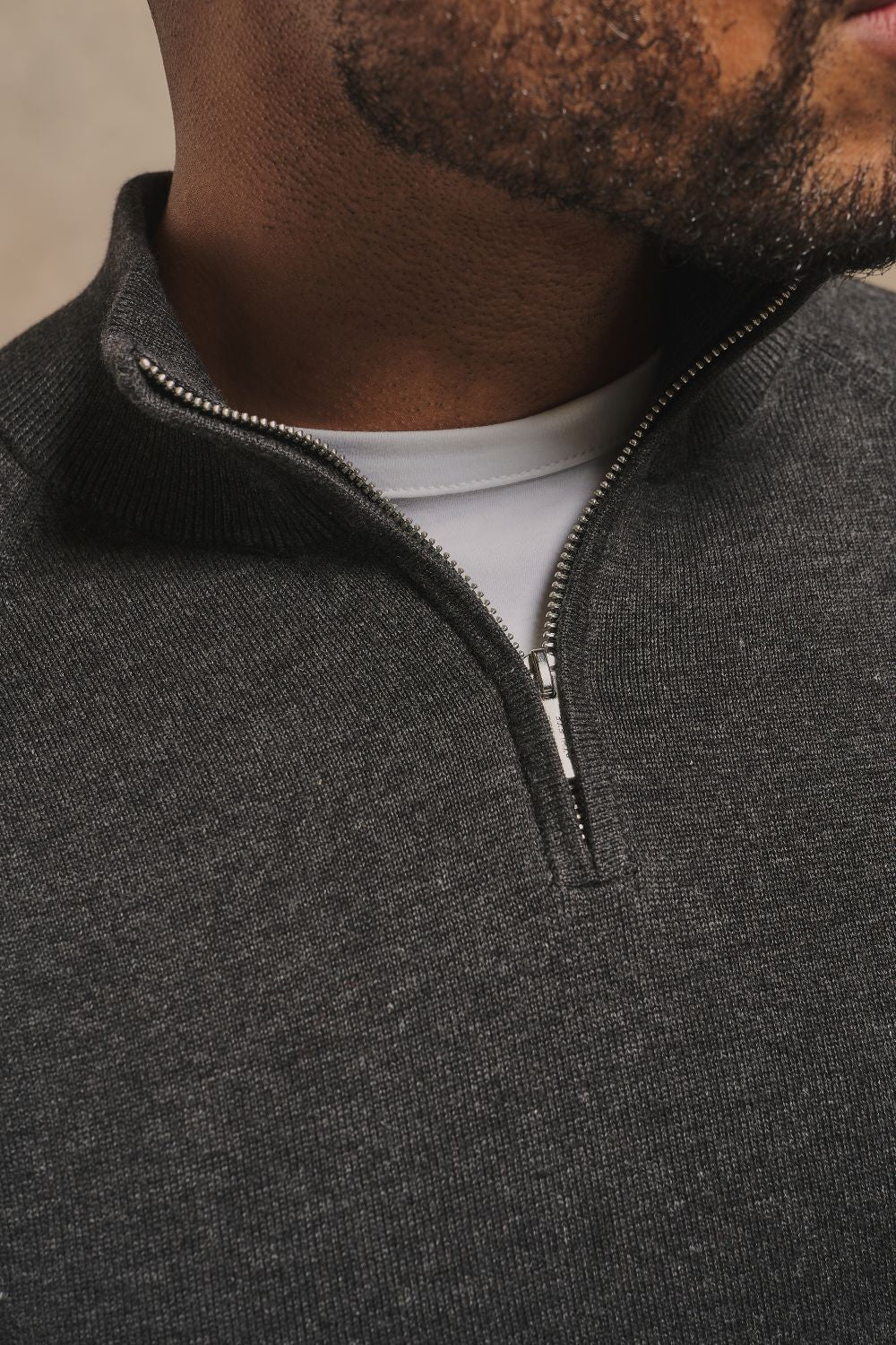 Pure Cotton Knitted Half Zip Neck Jumper in Anthracite