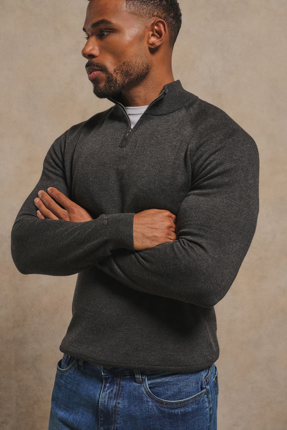 Pure Cotton Knitted Half Zip Neck Jumper in Anthracite