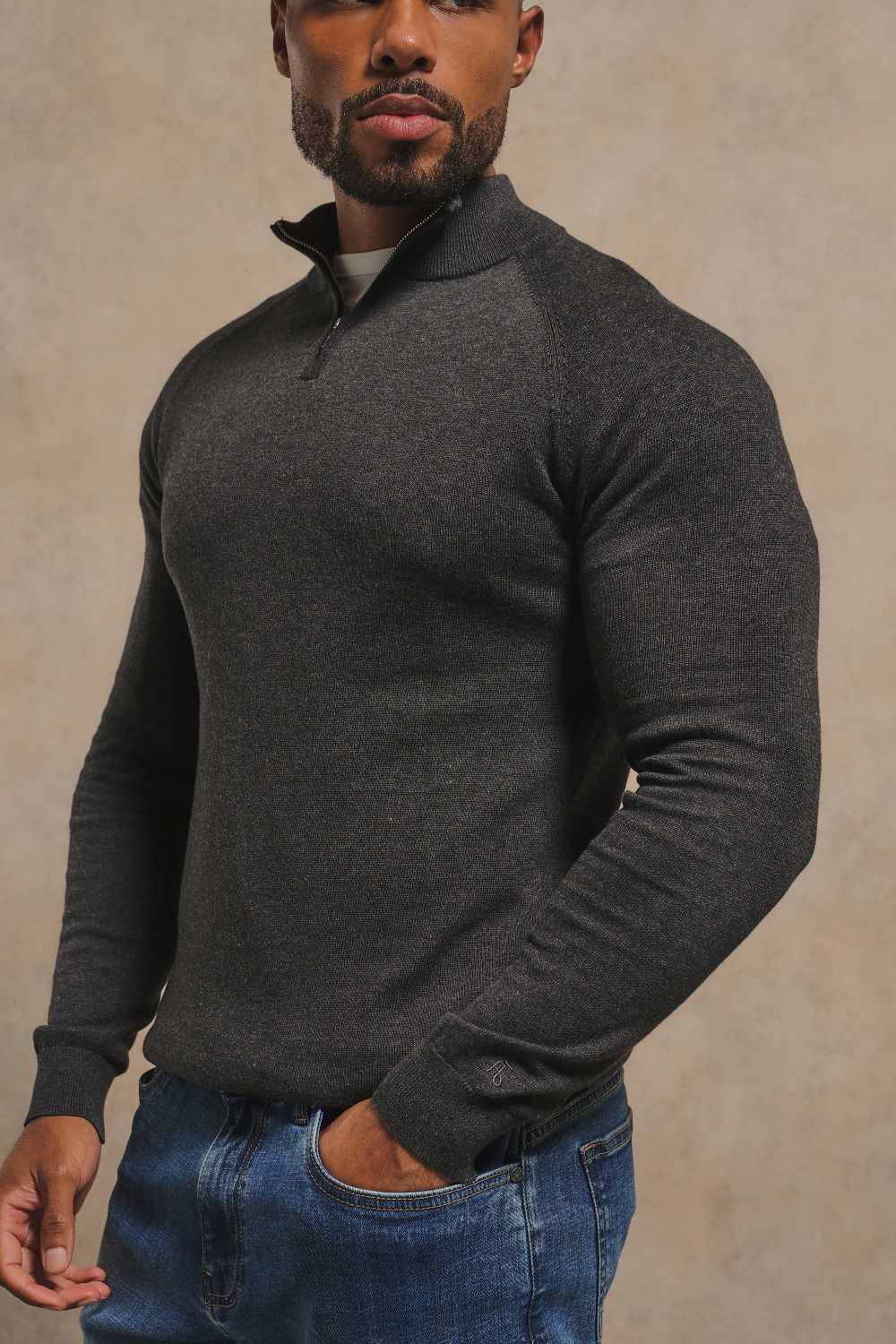 Pure Cotton Knitted Half Zip Neck Jumper in Anthracite