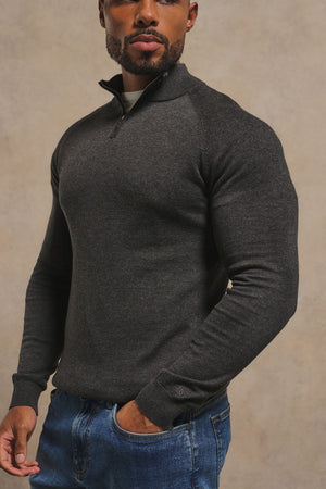 Pure Cotton Knitted Half Zip Neck Jumper in Anthracite