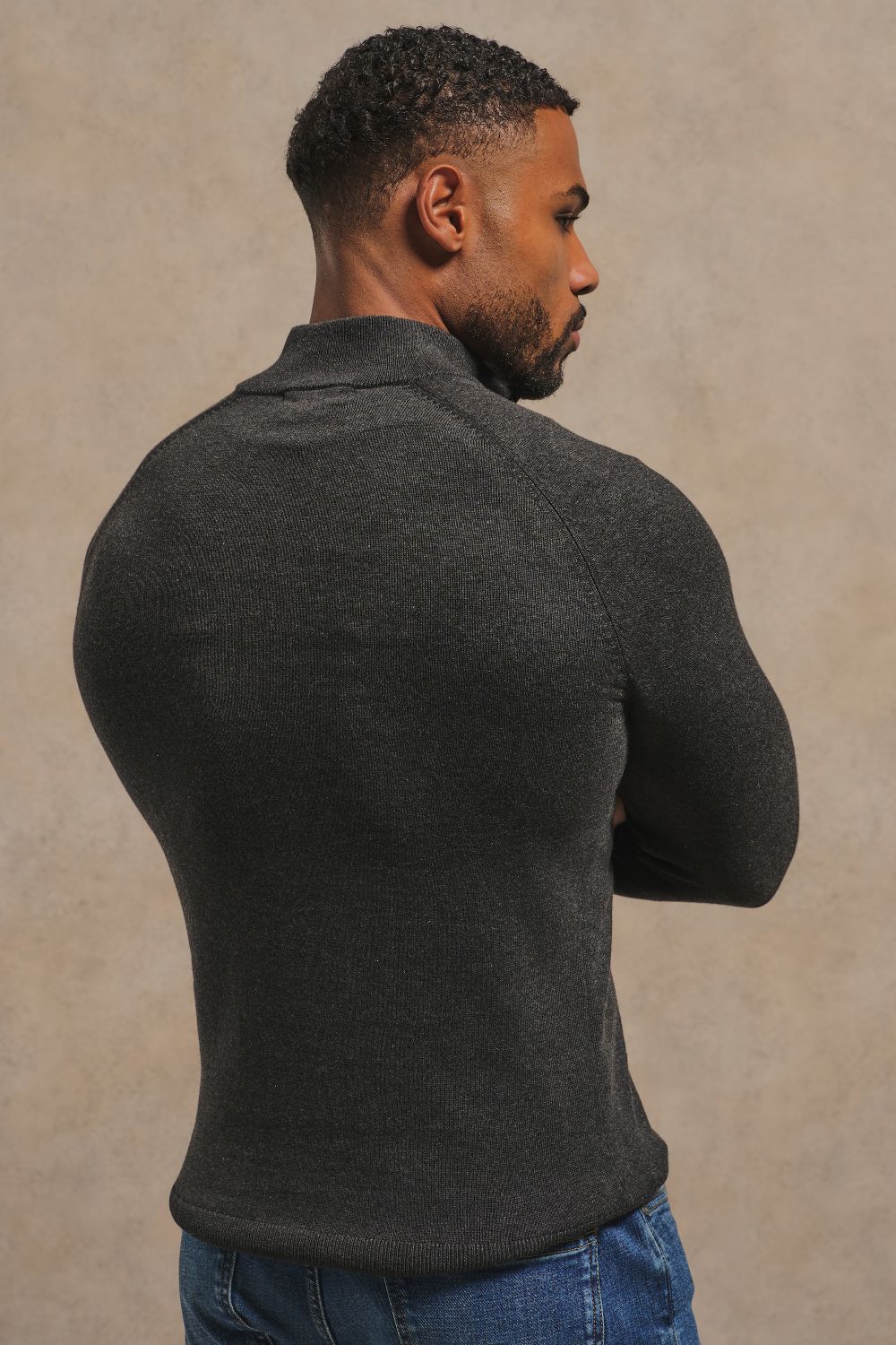 Pure Cotton Knitted Half Zip Neck Jumper in Anthracite